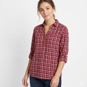 Eddie Bauer Red Plaid Cotton Flannel Popover Tunic Shirt - Small